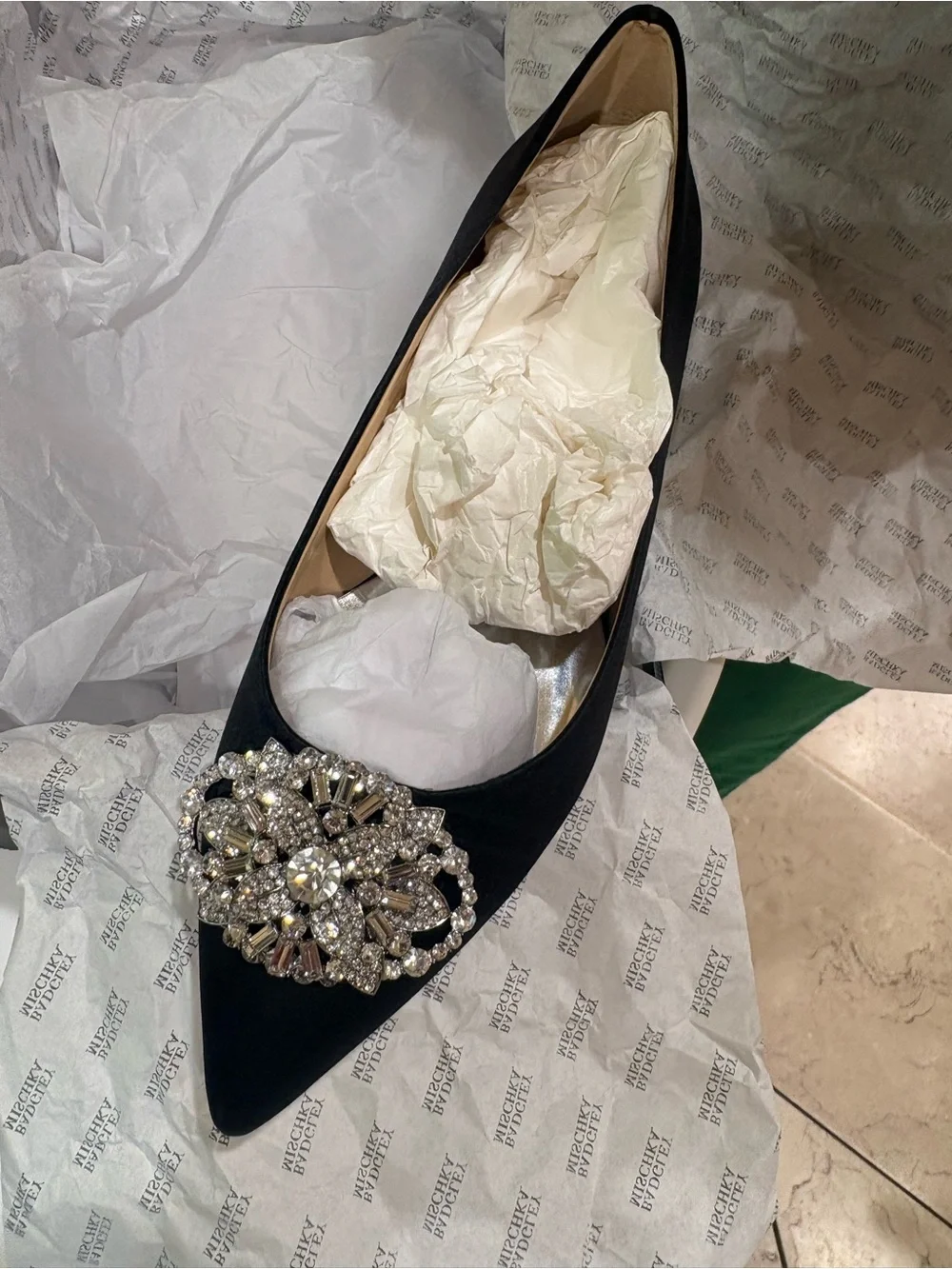 Badgley Mischka Black Satin Pointed-Toe Heels with Crystal Brooch